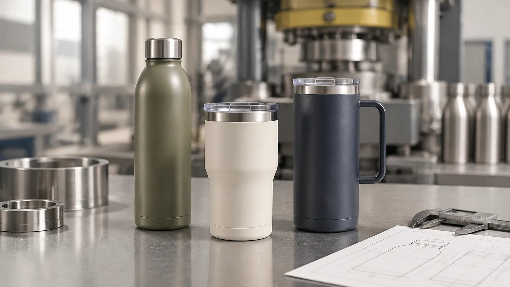 An assortment of four insulated stainless steel water bottles and mugs in various colors (olive green, cream white, sage green, and dark blue) arranged on a neutral surface in a studio setting